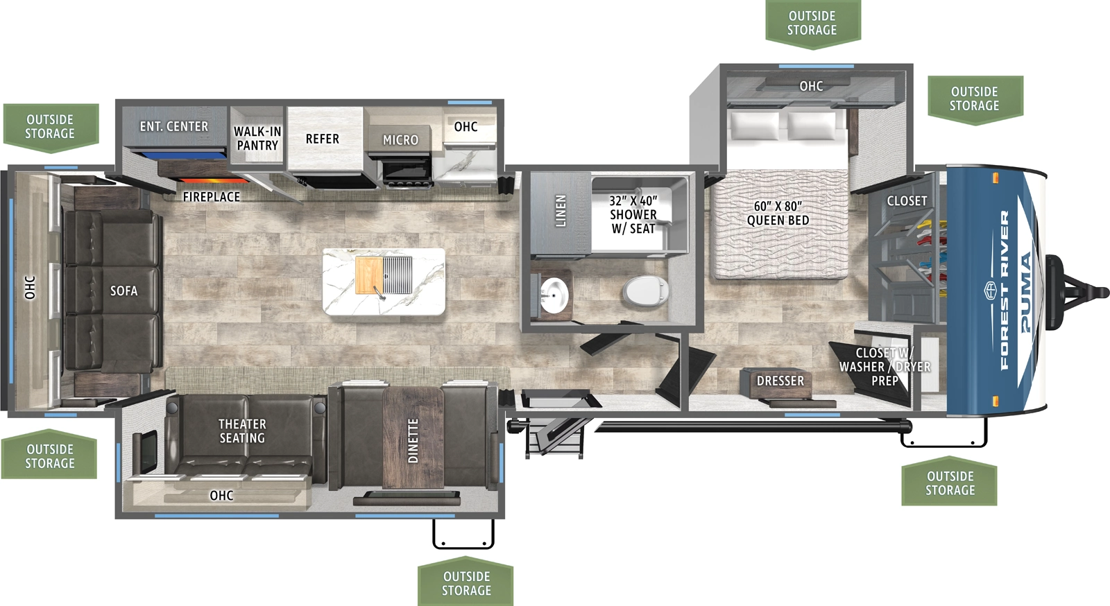 The Puma 31RLQS floorplan has one entry and three slide outs. Exterior features include: metal exterior and 13' awning. Interiors features include: kitchen island, front bedroom and rear living.